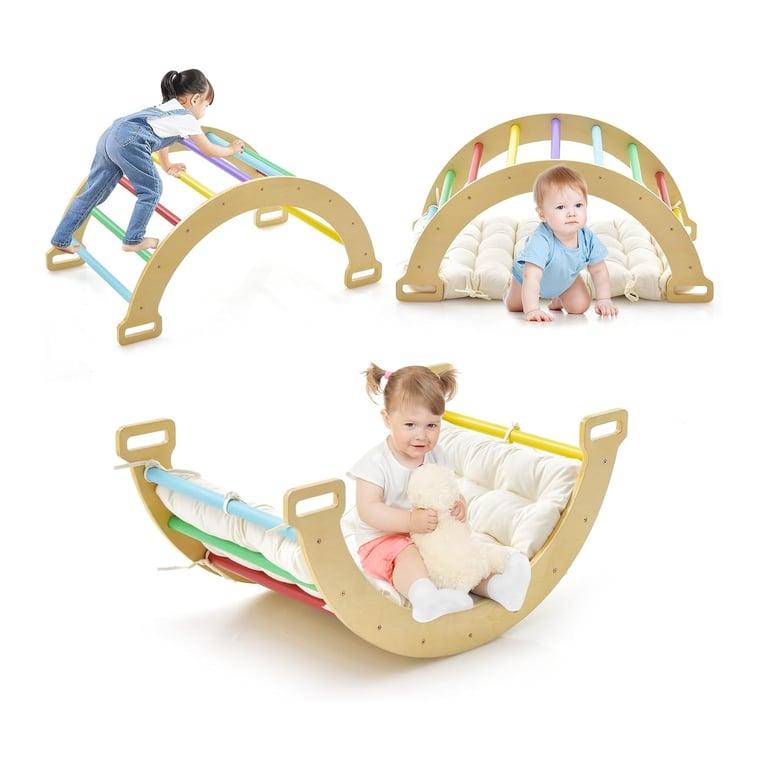 Montessori HONEY JOY 3-in-1 Wooden Arch Climbing Playset With Cozy Cushion Multicolour