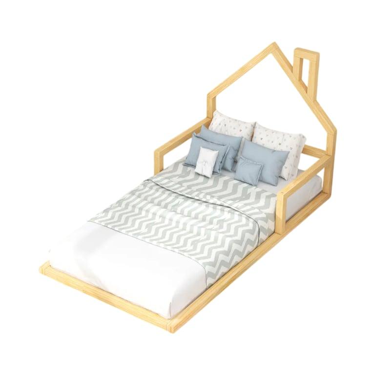 Montessori Bed Bath & Beyond Wooden Twin Floor Bed With House-Shaped Headboard Natural