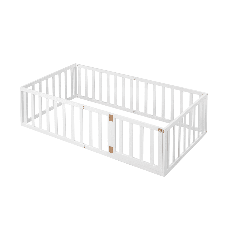 Montessori Harper & Bright Designs Twin Size Floor Bed Frame With Rails and Door White