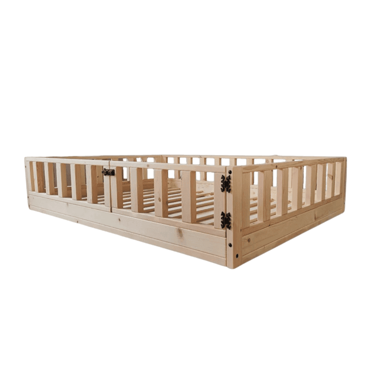 Montessori Rustic Made Decor Floor Bed With Rails and Gate Double Size