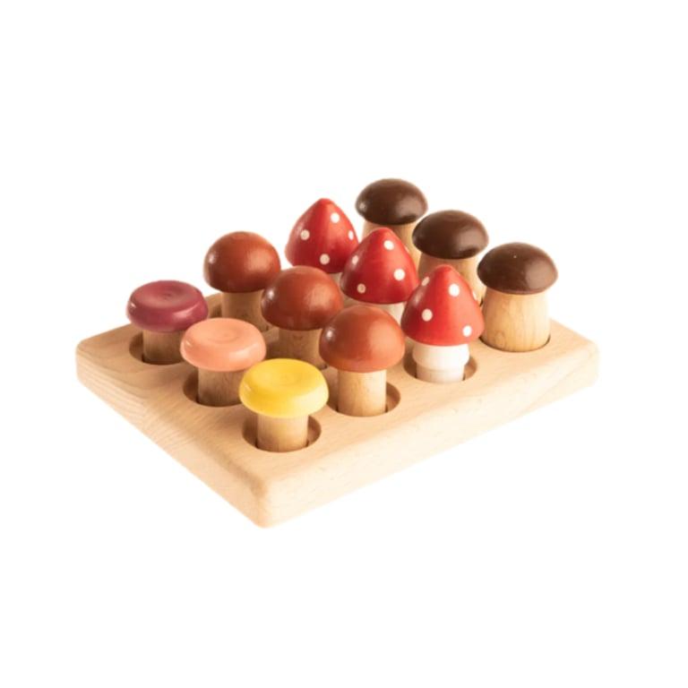 Montessori PoppyBabyCo Size Sorter Wood Mushrooms on the Field