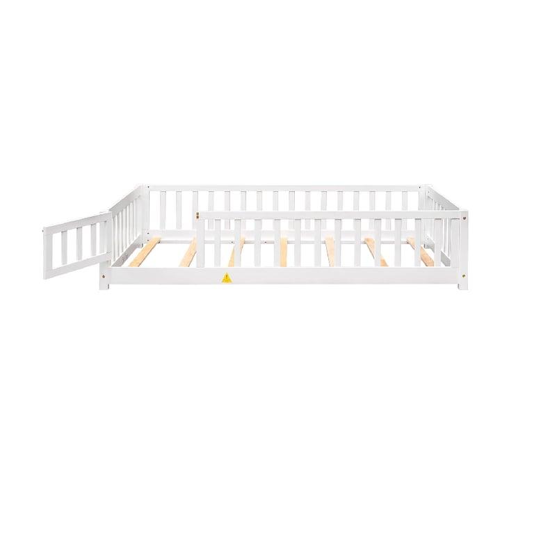 Montessori Meritline Twin Size Floor Bed Frame With Fence Railings, Door, and Slats White