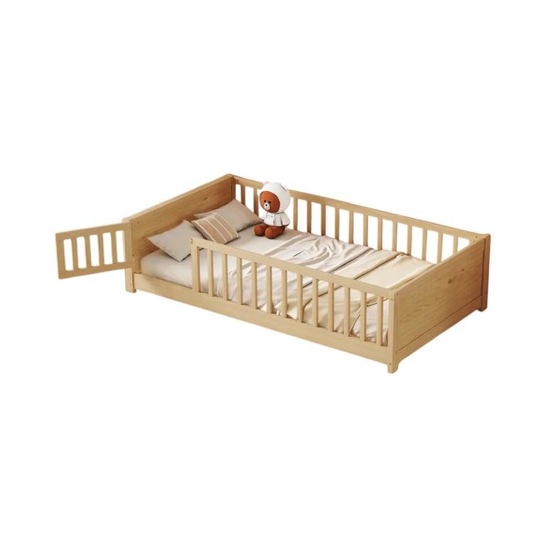 Montessori Bed Bath & Beyond Wooden Twin Floor Bed With Safety Guardrails, Door, Slat Support, and Built-in Book Storage Rack Natural