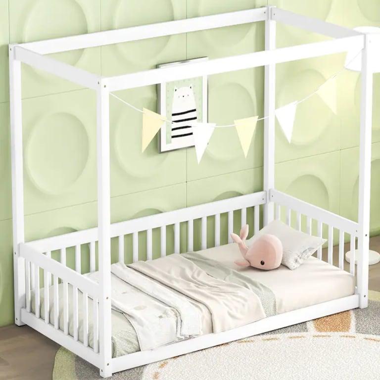 Montessori Bed Bath & Beyond Wooden Twin Floor Bed Canopy Frame With Fence and Guardrails White