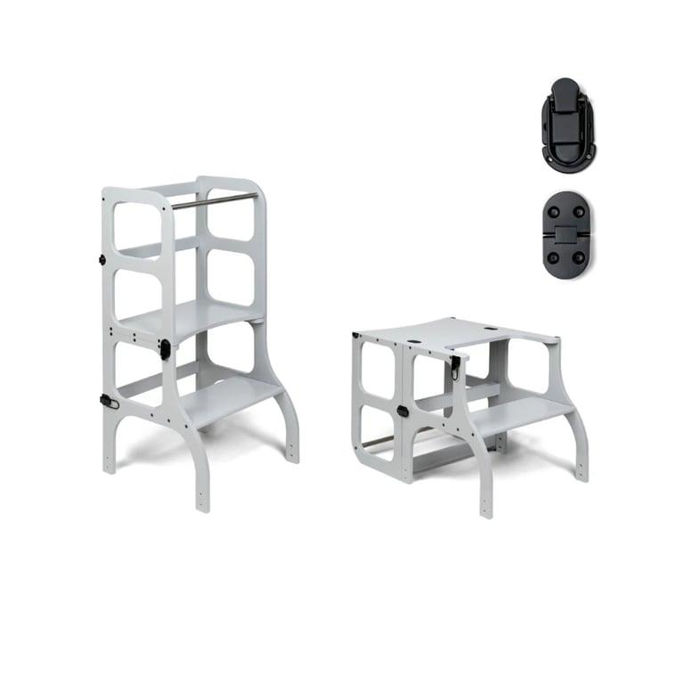 Montessori Ette Tete STEP'n'SIT® Helper Tower Table Convertible 2-in-1 Gray With Black Clasp Locks