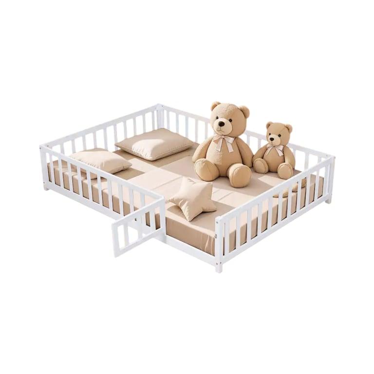 Montessori Bed Bath & Beyond Floor Bed With Fence-Shaped Guardrails, Slats, and Door White Full