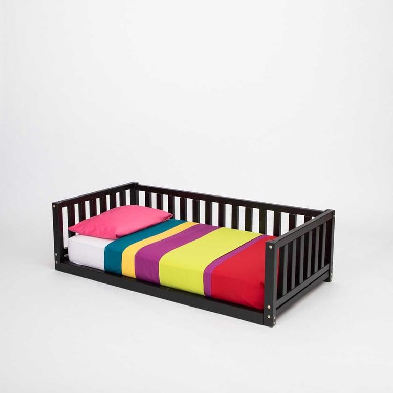 Montessori Sweet Home From Wood Floor Bed With Rails on 3 Sides Single Size Black