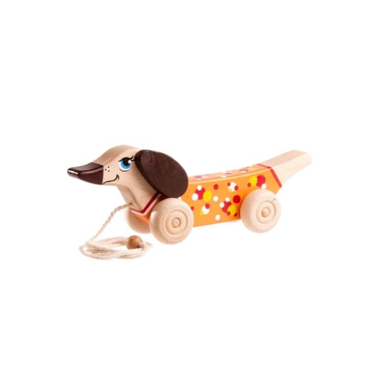 Montessori PoppyBabyCo Wooden Pull Along Toy Dachshund Dog Painted Circles