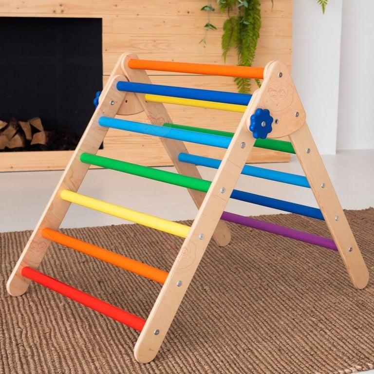 Montessori Wood and Hearts Climbing Triangle Natural Wood and Rainbow