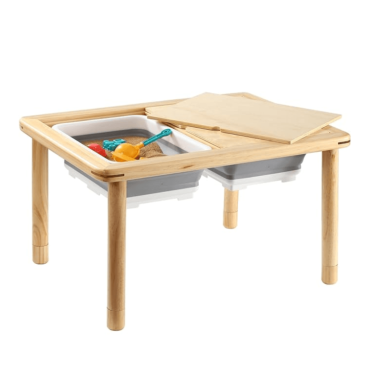 Montessori Funlio Wooden Sensory Table With 3-Level Height Wood Leg Natural