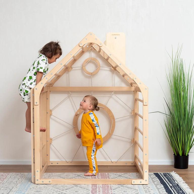 Montessori Wood and Hearts Climbing Playhouse in Natural Wood