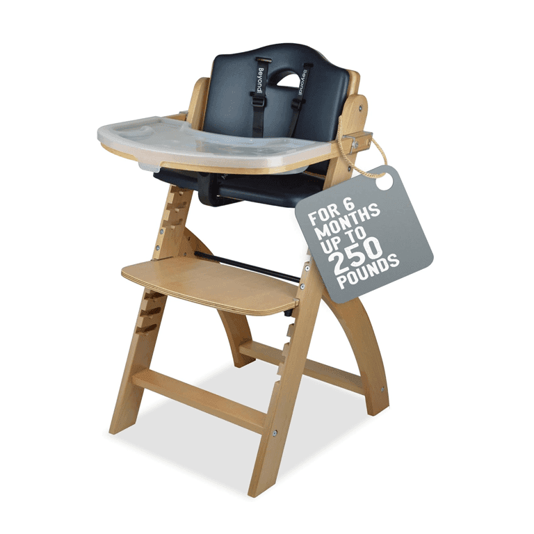 Montessori Abiie Beyond Junior Convertible Wooden High Chair Natural Wood Black Cushion