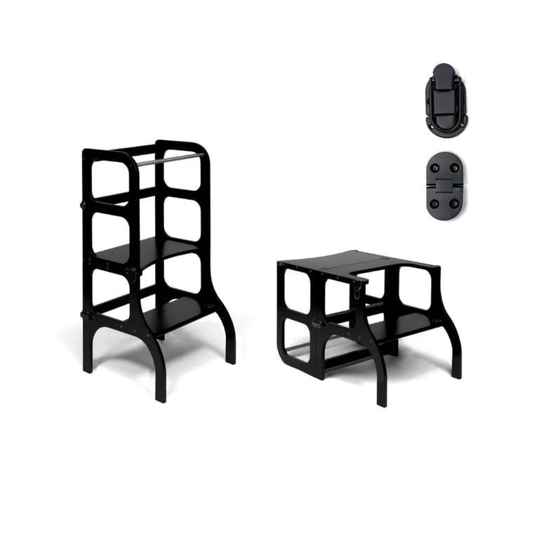 Montessori Ette Tete STEP'n'SIT® Helper Tower Table Convertible 2-in-1 Black With Black Clasp Locks