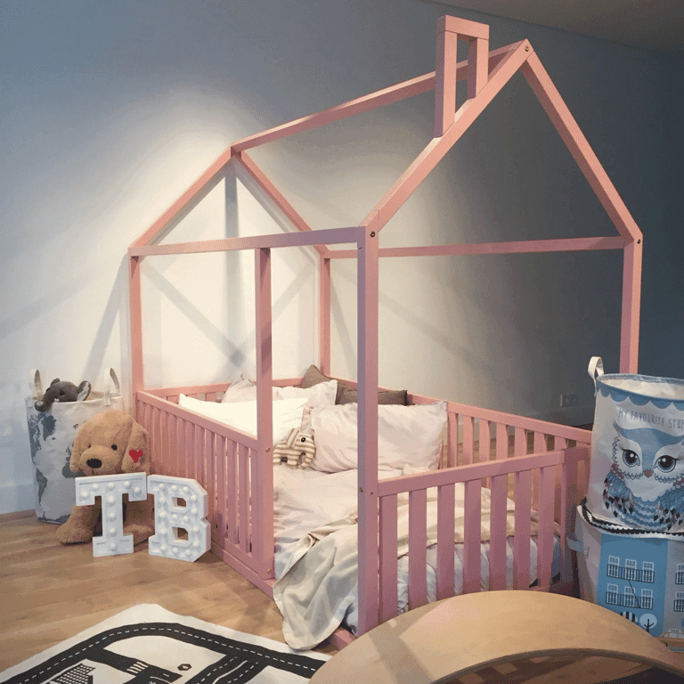 Montessori Teo Beds Floor Beds With Rails House Shaped Pink Single Size