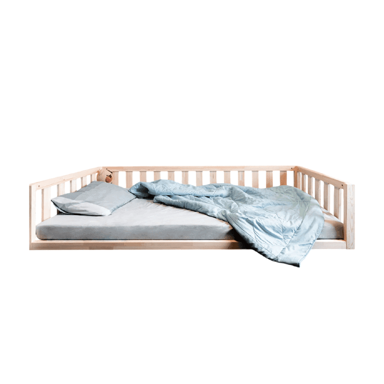 Montessori MandreleKids Twin Size Floor Bed No Front Railings With Square Outer Corners Natural