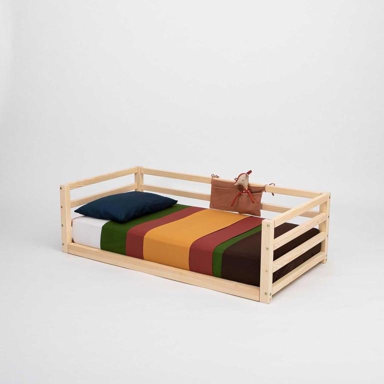 Montessori Sweet Home From Wood Montessori Floor Bed With Horizontal Rails on 3 Sides Single Pine Wood