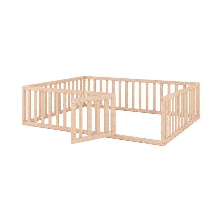 Montessori Harper & Bright Designs Queen Size Floor Bed With Rails, Fence, and Door Natural