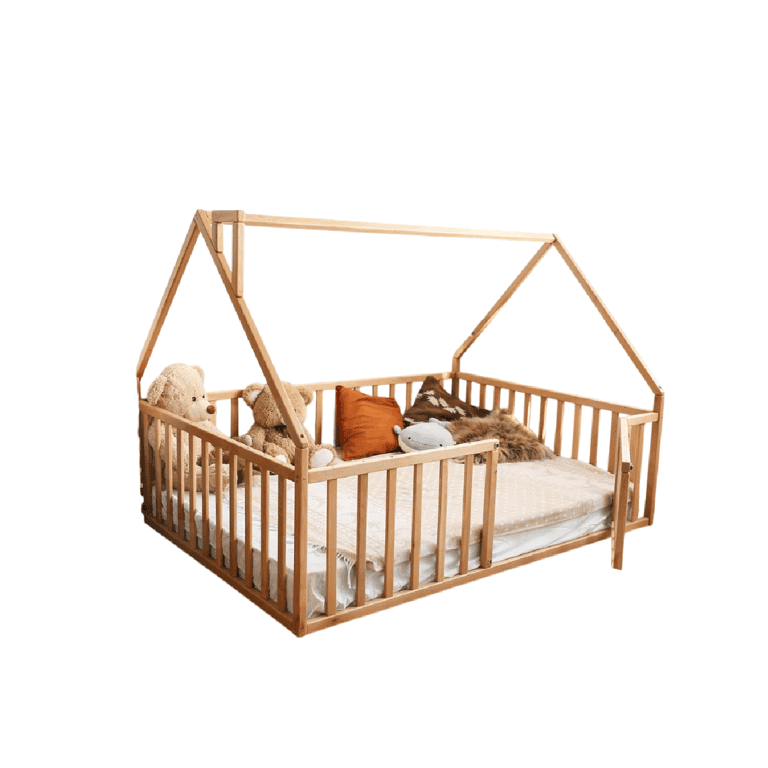 Montessori Busy Wood Full Floor Bed House Shaped With Rails Natural Tree