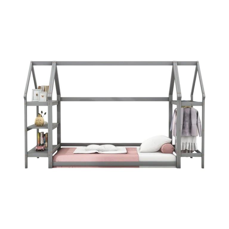 Montessori Harper Orchard Wooden House-Shaped Twin Floor Bed Grey