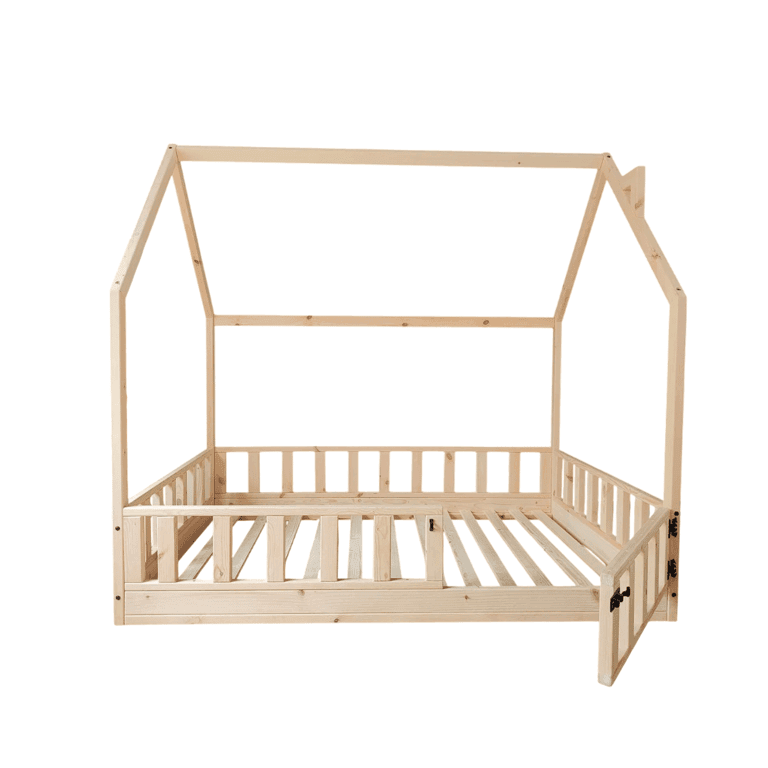 Montessori Rustic Made Decor Floor Bed With Rails and Gate House Shaped Single