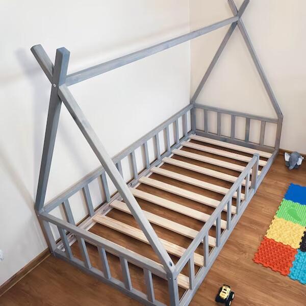 Montessori Holly Molly Wood Floor Bed With Rails Tepee Shape 190 x 90 cm Grey