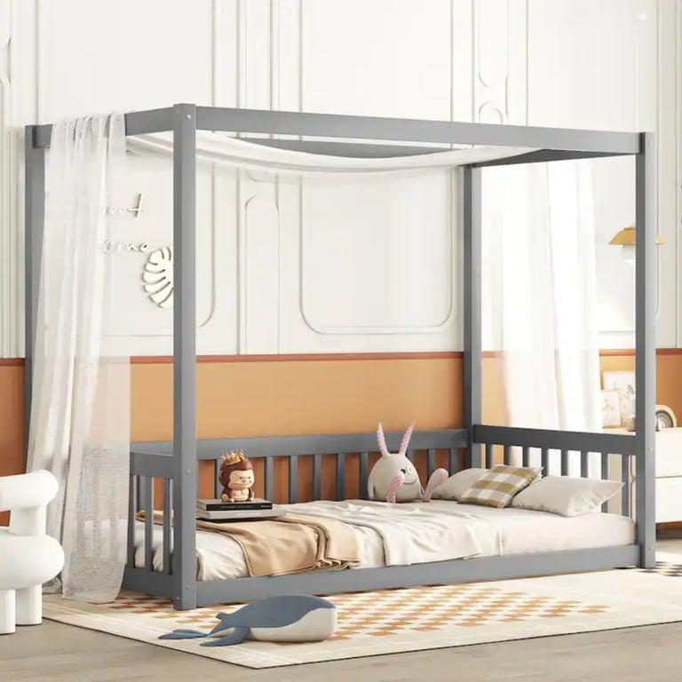 Montessori Bed Bath & Beyond Wooden Twin Floor Bed Canopy Frame With Fence and Guardrails Gray