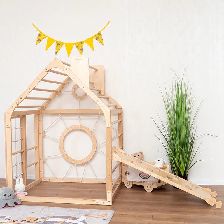 Montessori Wood and Hearts Climbing Playhouse With Ramp in Natural Wood