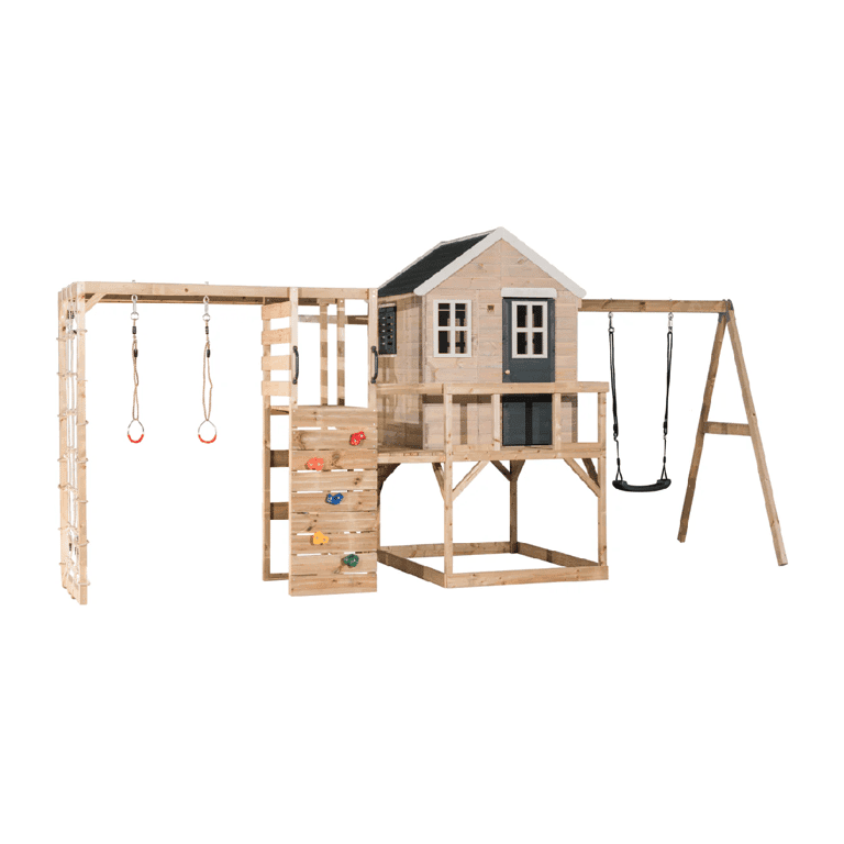 Montessori Wendi Toys My Lodge Swing Set With Platform, Single Swing, and Gym Attachment Gray