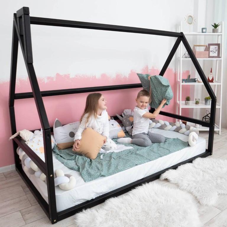 Montessori BusyWood Floor Bed House Shaped Without Front Rail Full Size Black