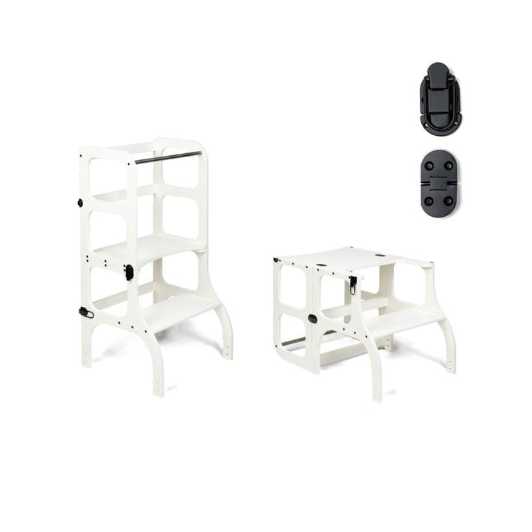 Montessori Ette Tete STEP'n'SIT® Helper Tower Table Convertible 2-in-1 White With Black Clasp Locks