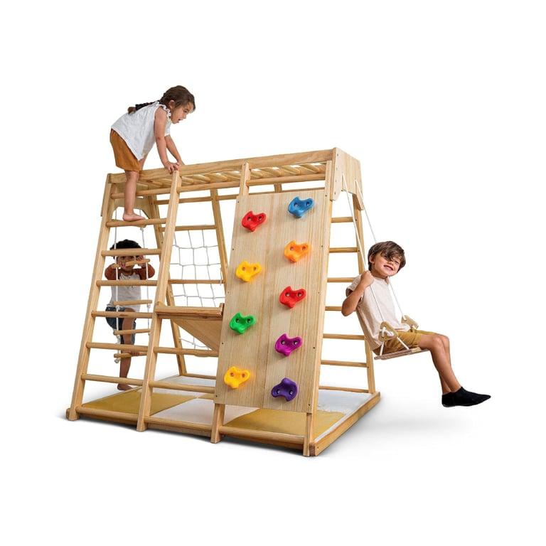 Montessori Avenlur Large Indoor Wooden Magnolia Playground 6-in-1 Jungle Gym Natural