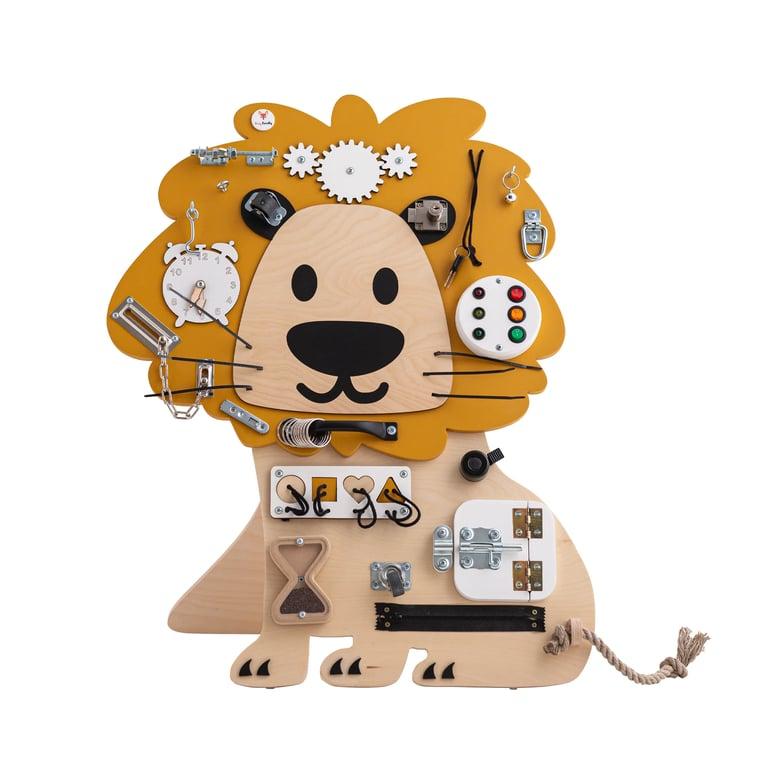 Montessori Foxy Family Busy Board Edmund the Lion With Name With Stand