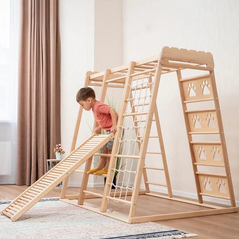 Montessori Wood and Hearts Climbing Playground With Massager Ramp and 2 Mats in Natural Wood