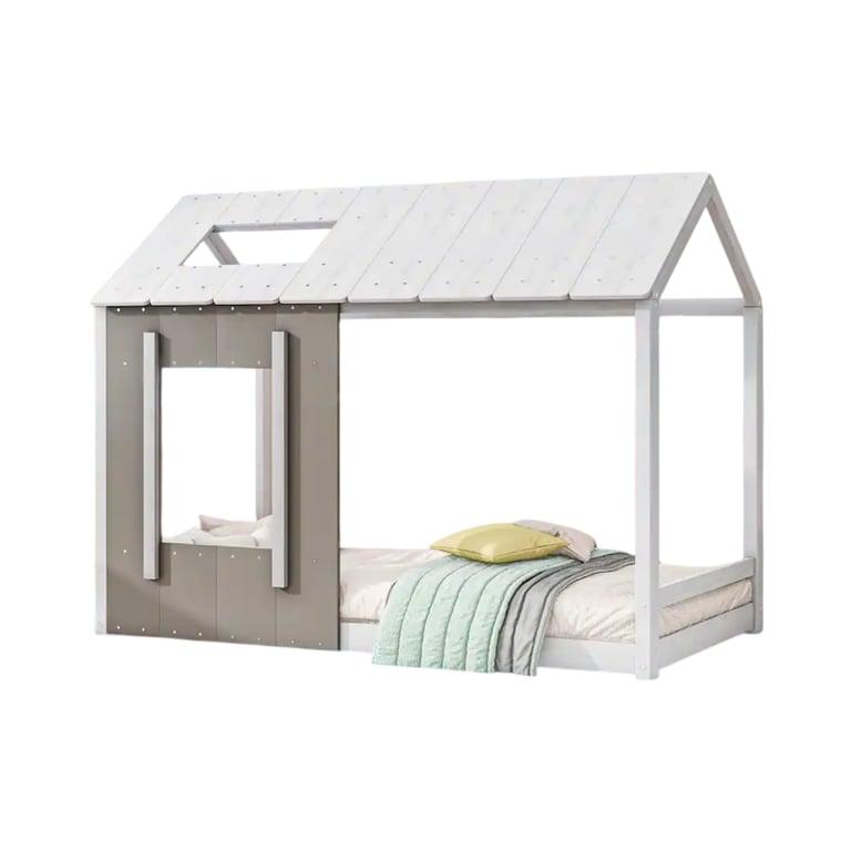 Montessori Bed Bath & Beyond Wooden House Twin Floor Bed With Roof and Window White and Antique Gray