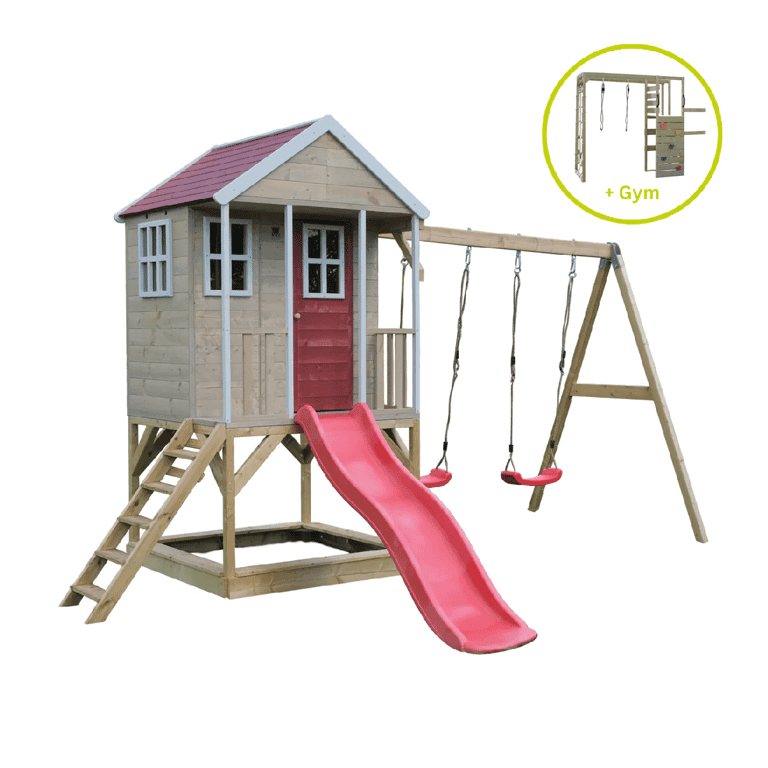 Montessori Wendi Toys Nordic Adventure Swing Set With Platform, Slide, Double Swing, and Gym Attachment Red