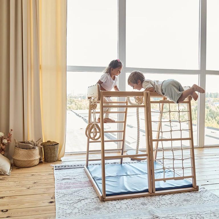 Montessori Wood and Hearts Indoor Jungle Gym With Trapeze, Mat, and 4 Rope Access