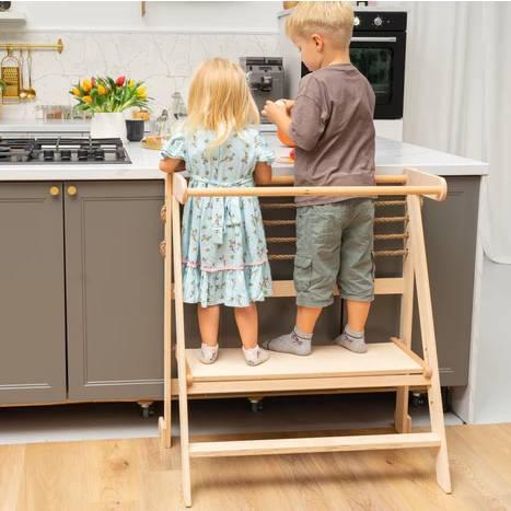 Montessori Kittenfield Double Toddler Tower With Safety Rope and Stabilizing Supports