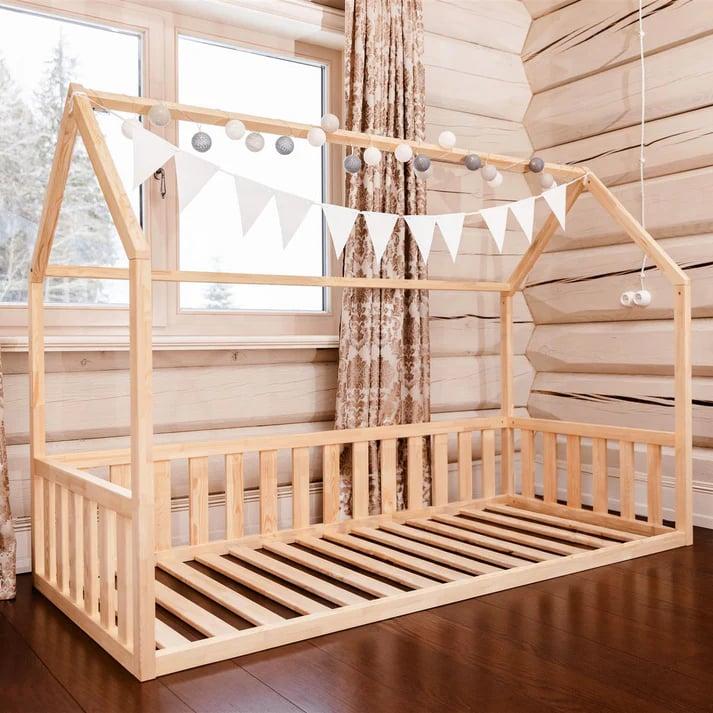 Montessori Roomix Toddler House Floor Bed 160 x 90 cm With Natural Wood Finish Fully Open Front and 41 cm Height Barrier