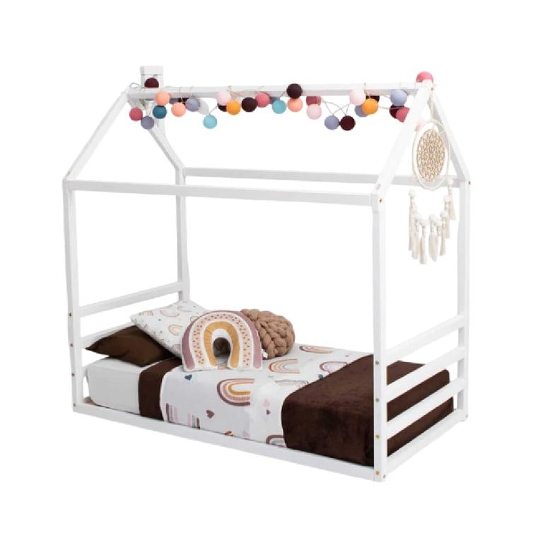 Montessori Sweet Home From Wood House Floor Bed Frame With a Horizontal Headboard and Footboard Single White