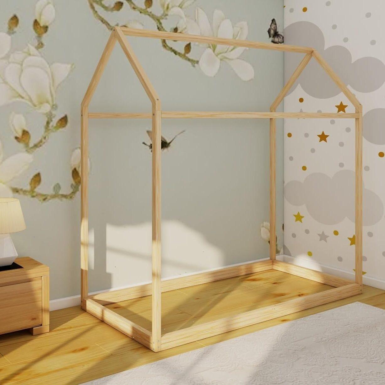 Montessori Wood and Montessori House-Shaped Queen Floor Bed Without Slats