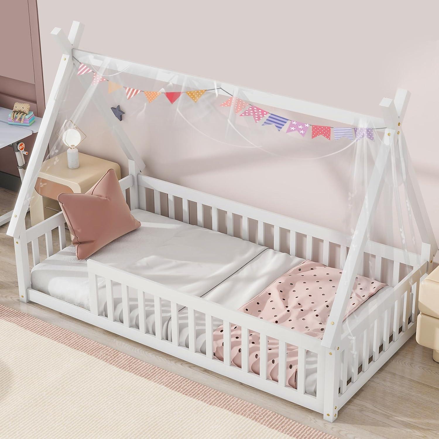 Montessori Tatub Twin Teepe Floor Bed Frame With Railings Without Door White