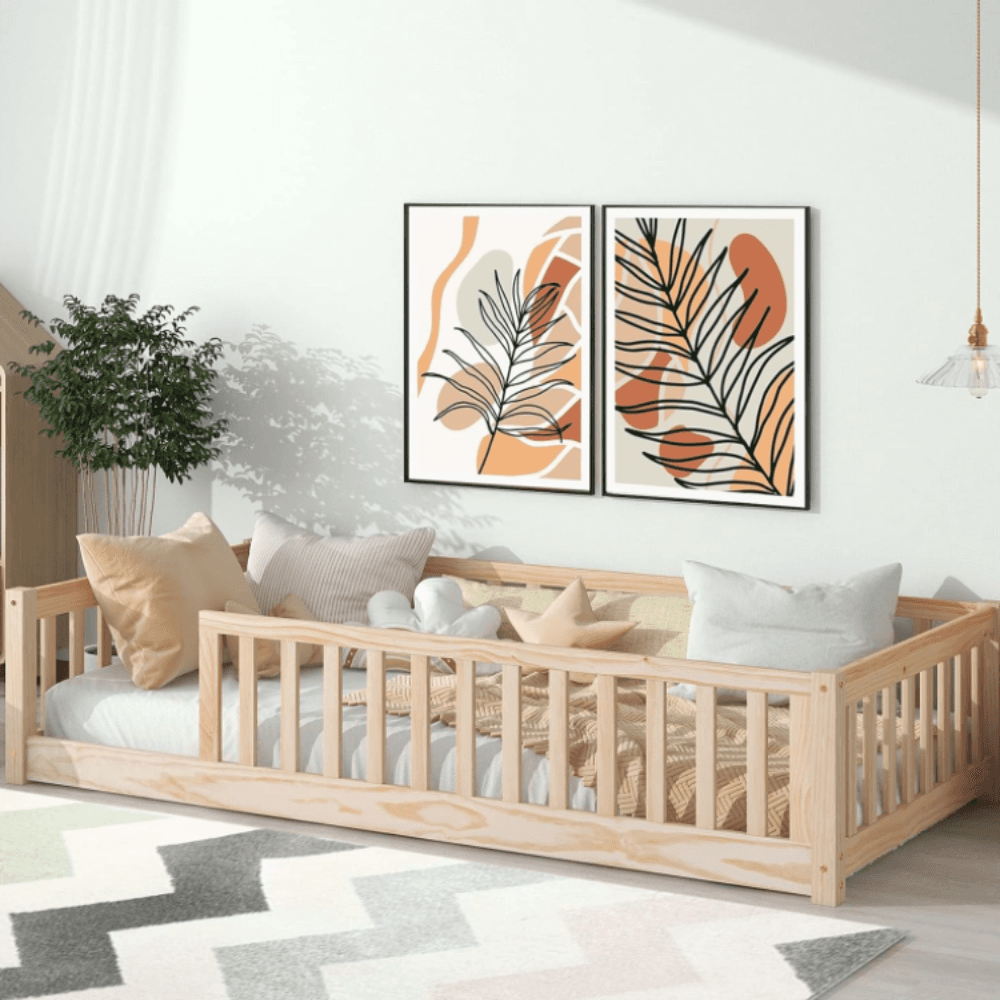 Montessori Tatub Twin Floor Bed With Safety Guardrails, Slats, and No Door Nature