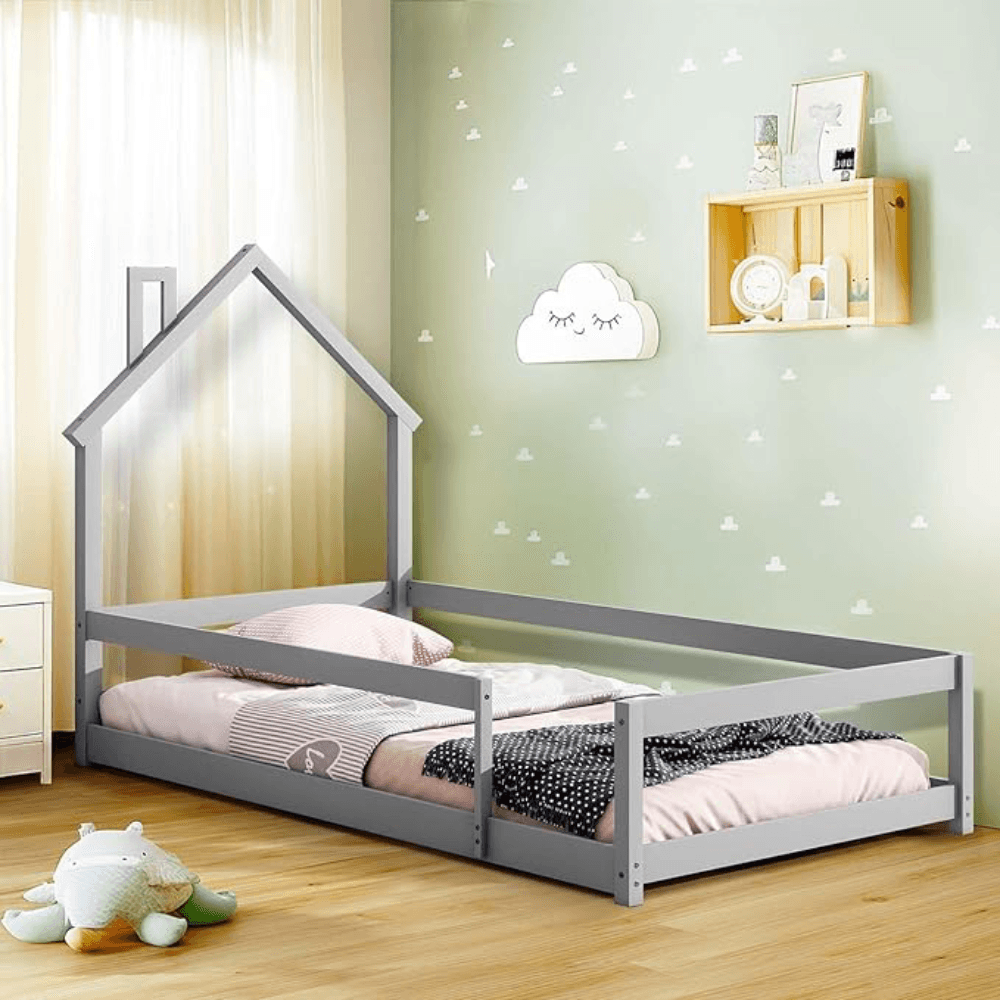 Montessori Tatub Twin Size House-Shaped Floor Bed With Fence Gray