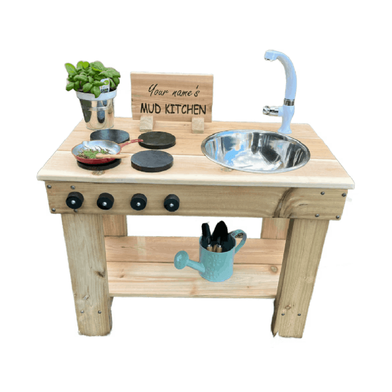Montessori Wooden Play Boutique Small Simple Mud Kitchen With Working Faucet, Wood Burners, Finish, and Sign